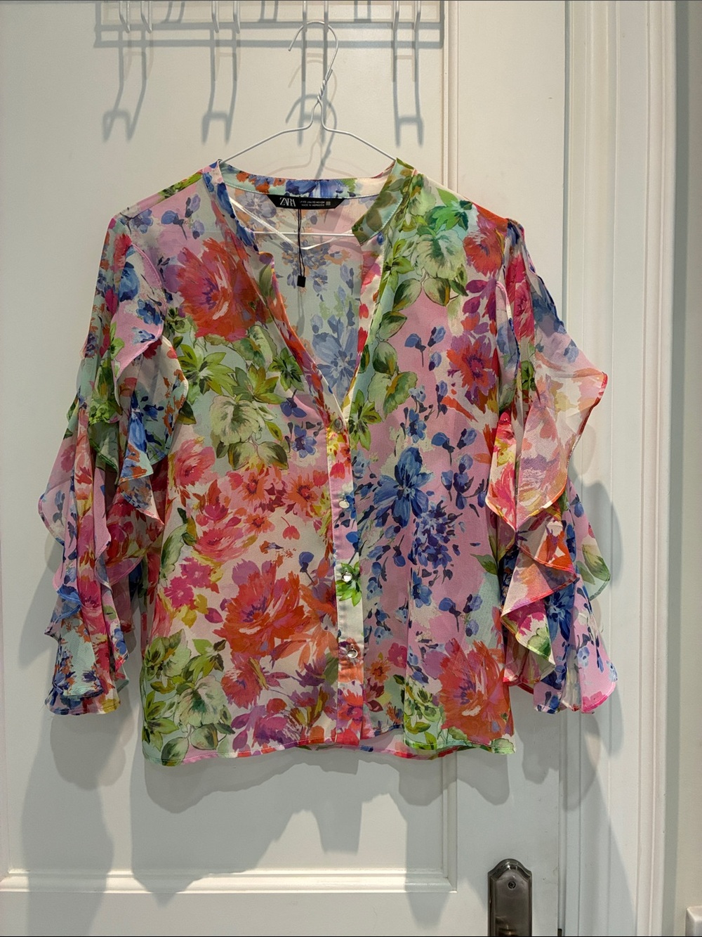 ZARA Floral Sheer Ruffle Sleeve Blouse Extra Small 👵MT